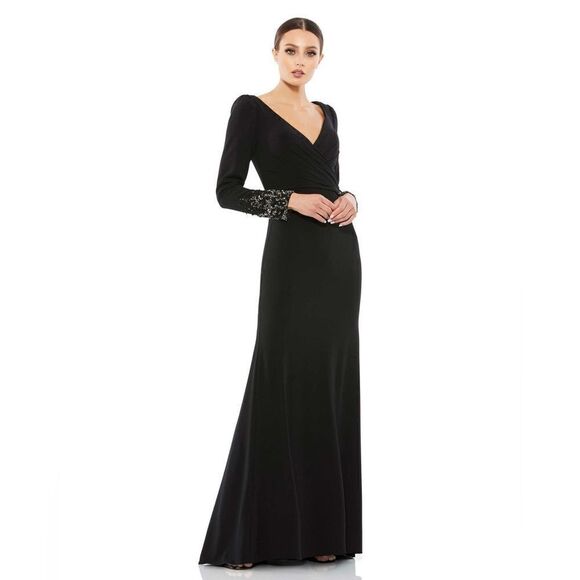 Mac Duggal 55712 Beaded cuffs long sleeve wrap over trumpet black gown 12 $398